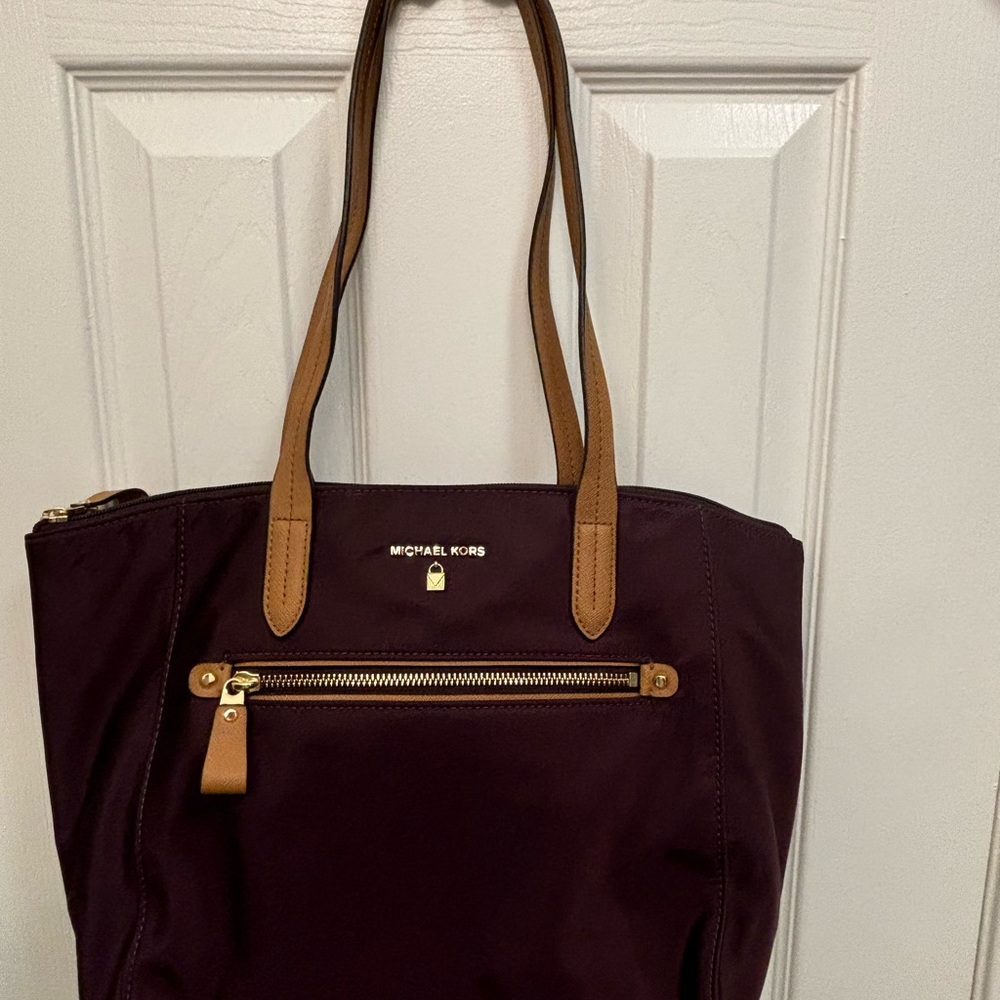 Michael Kors Deep Plum Tote with Tan Handles and Gold Hardware